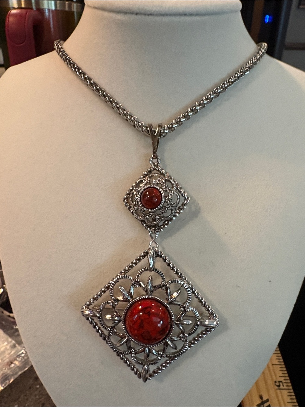 Sara Covington Silver Tone Filigree Pendant Necklace with Red Accent